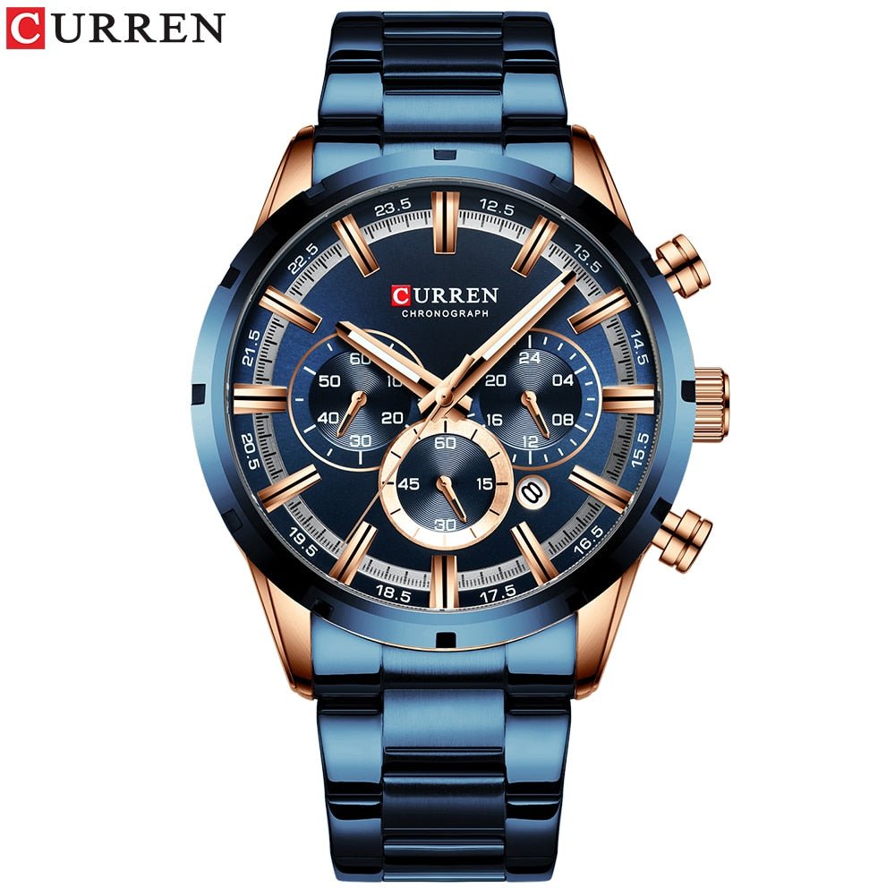 CURREN WATCH } New Fashion Watches with Stainless Steel Top Brand Luxury Sports Chronograph Quartz Watch Men Relogio Masculino - Mighty Lifestyle