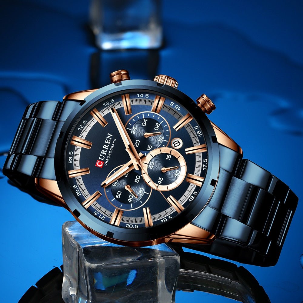 CURREN WATCH } New Fashion Watches with Stainless Steel Top Brand Luxury Sports Chronograph Quartz Watch Men Relogio Masculino - Mighty Lifestyle
