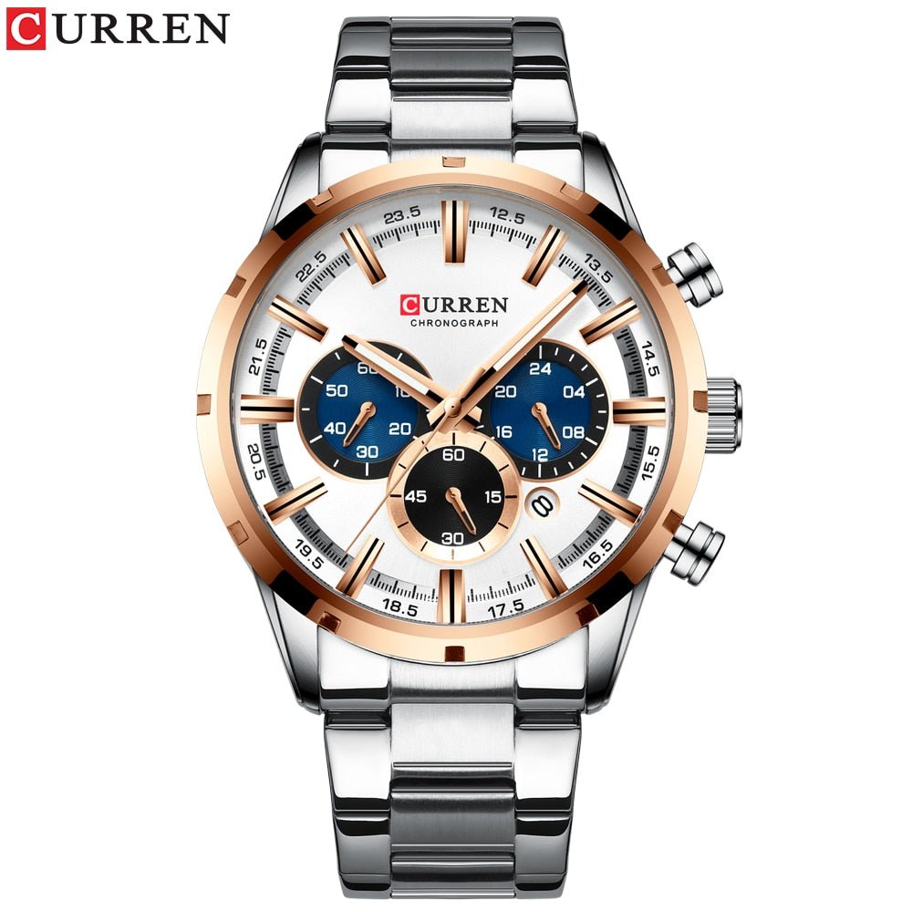 CURREN WATCH } New Fashion Watches with Stainless Steel Top Brand Luxury Sports Chronograph Quartz Watch Men Relogio Masculino - Mighty Lifestyle