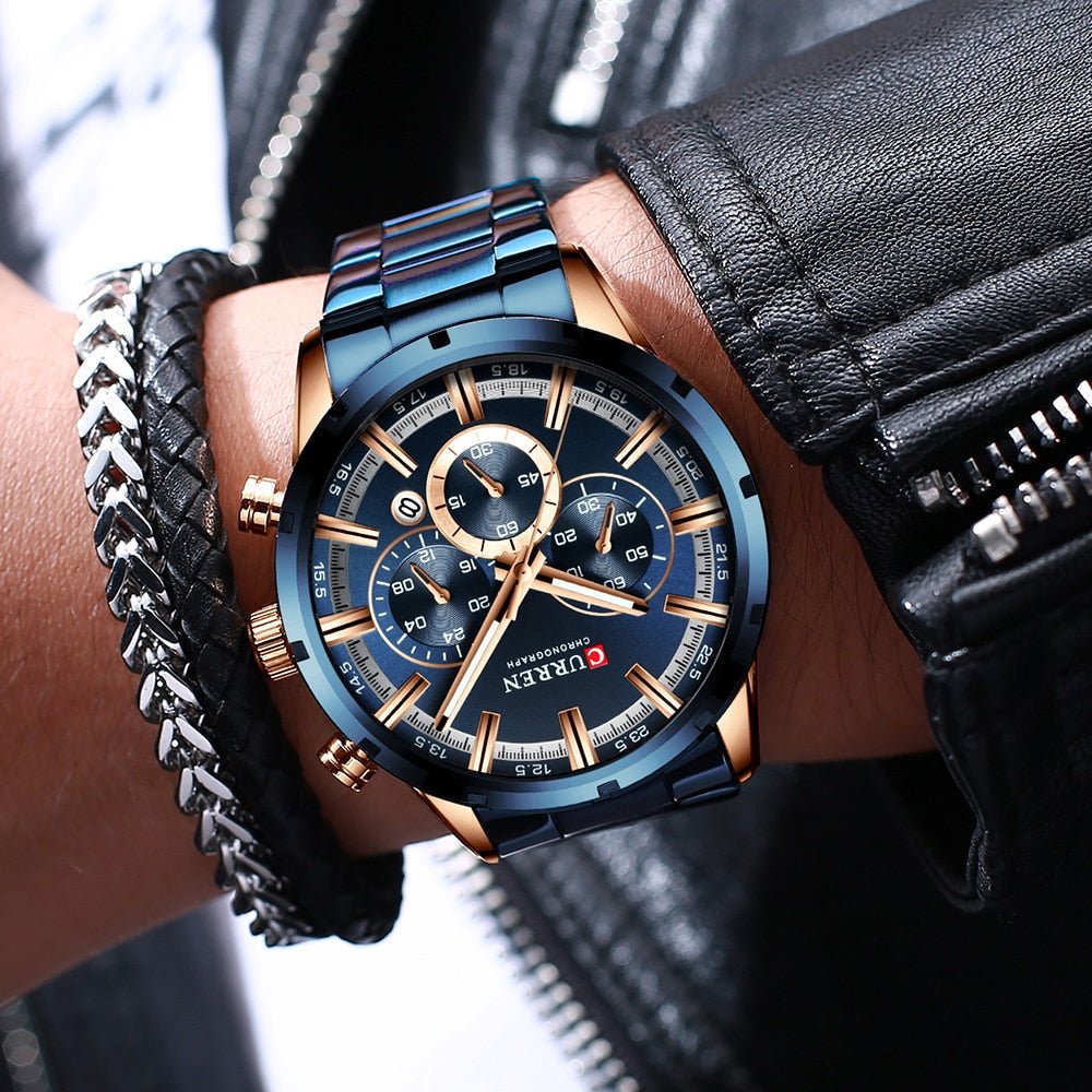 CURREN WATCH } New Fashion Watches with Stainless Steel Top Brand Luxury Sports Chronograph Quartz Watch Men Relogio Masculino - Mighty Lifestyle