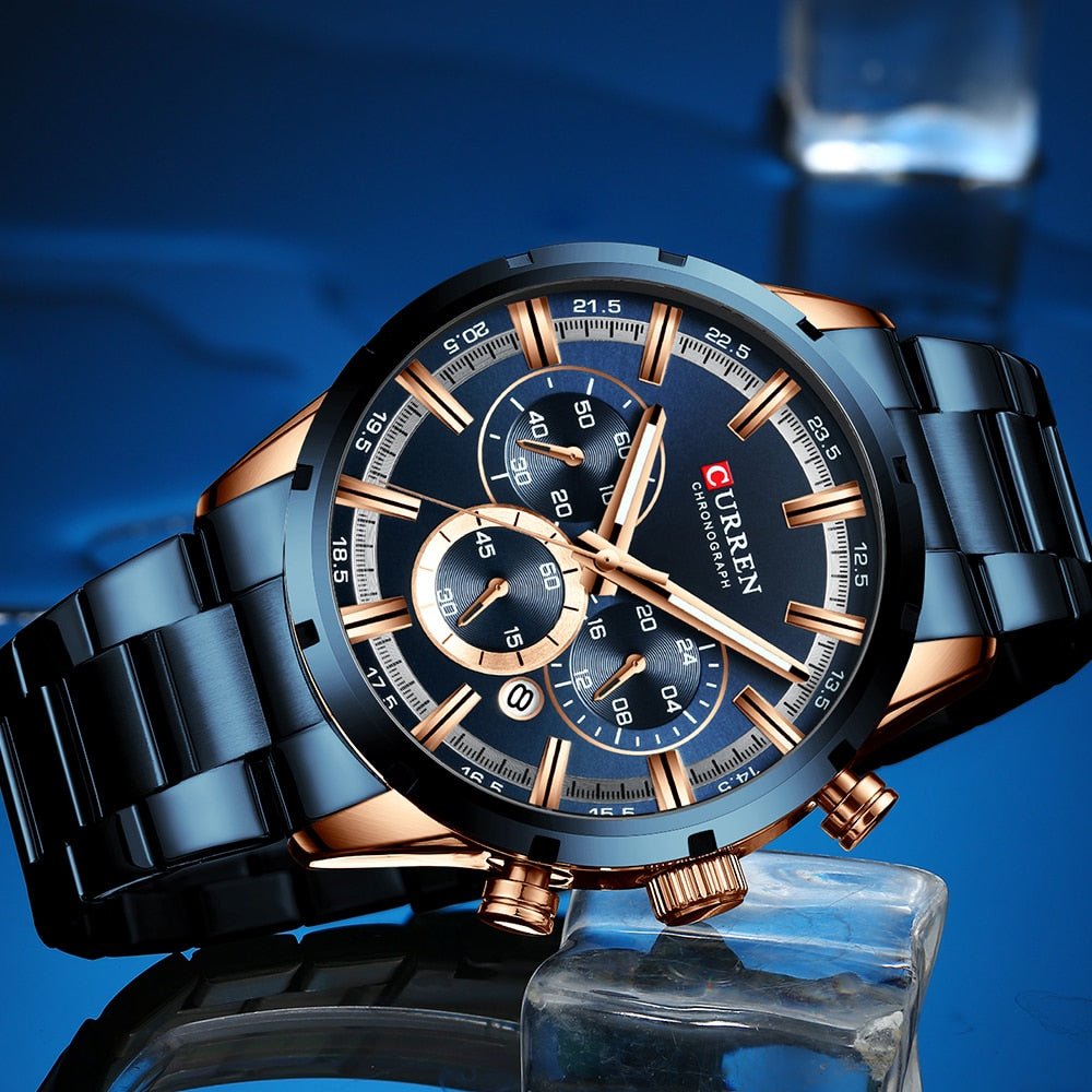 CURREN WATCH } New Fashion Watches with Stainless Steel Top Brand Luxury Sports Chronograph Quartz Watch Men Relogio Masculino - Mighty Lifestyle