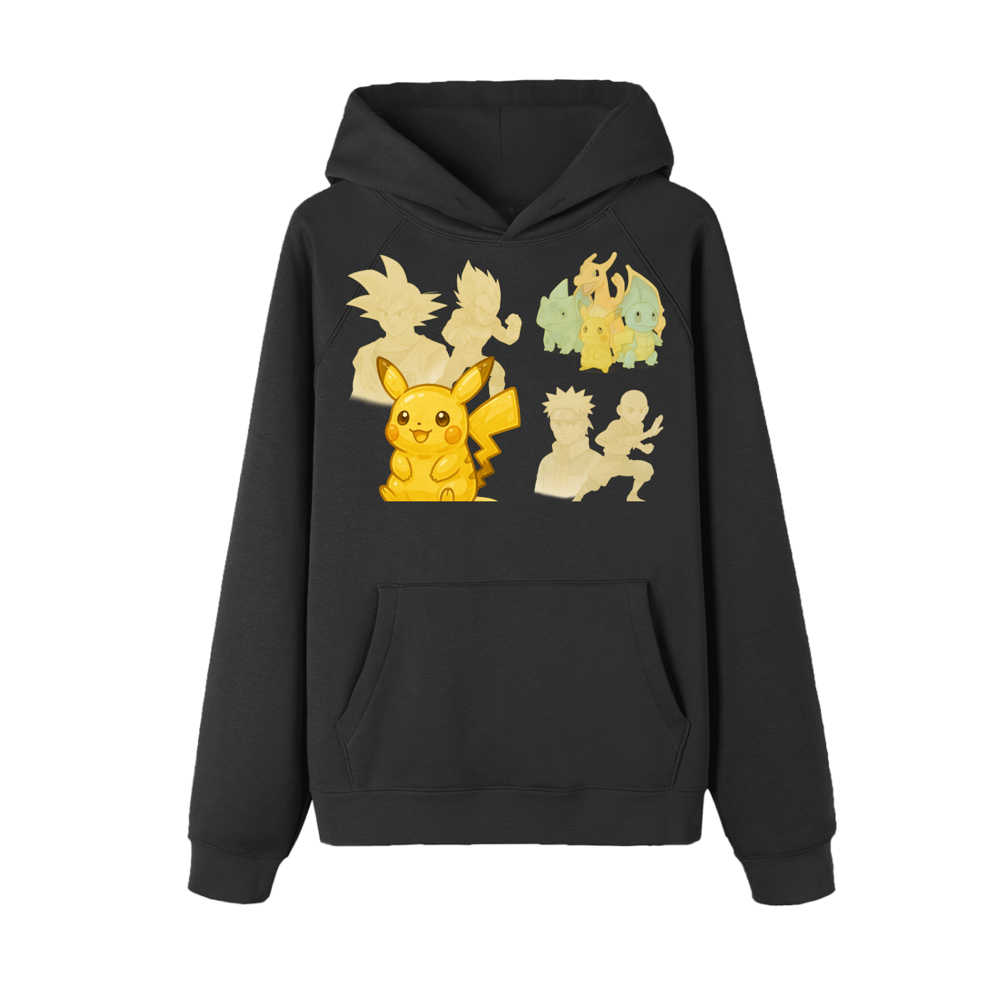 Essential Anime Raglan Sleeve Hoodie – Featuring Goku, Vegeta, Naruto, Aang, Pikachu & Classic Pokémon