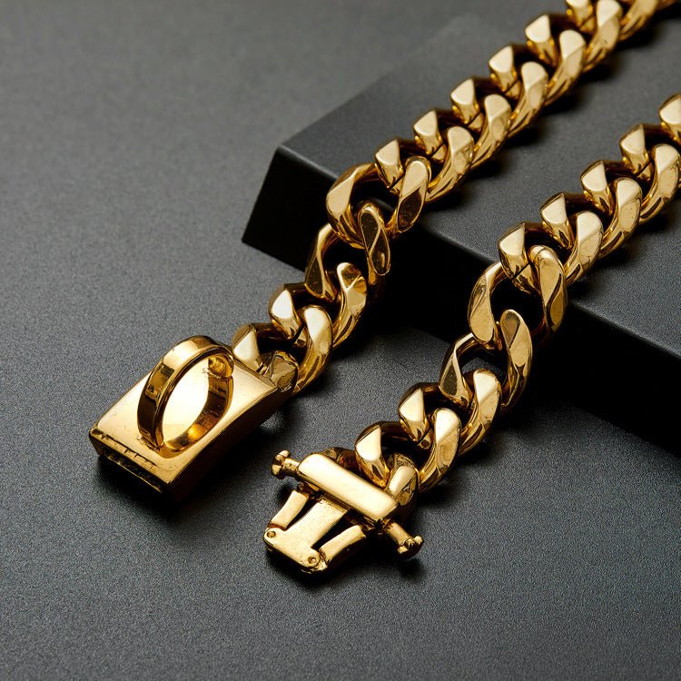 Doggy Bling, 15mm Gold Dog Chain Titanium Steel Six Side Grinding Chain Pet Dog Metal Collar - Mighty Lifestyle