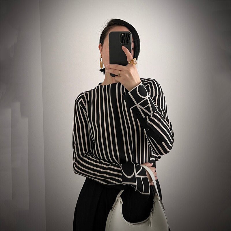 Dorothy Lee Blouse | Elegant Striped O - Neck Full Sleeve Letter Designer Work Clothing Blouse Zipper Loose Size Ol Vintage Fashion Tops - Mighty Lifestyle