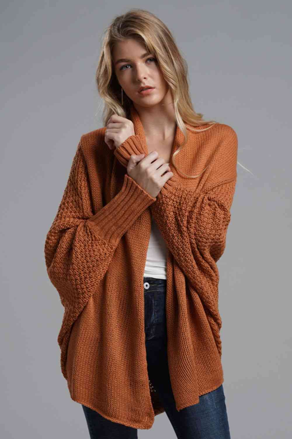 Double Take Dolman Sleeve Open Front Ribbed Trim Longline Cardigan - Mighty Lifestyle