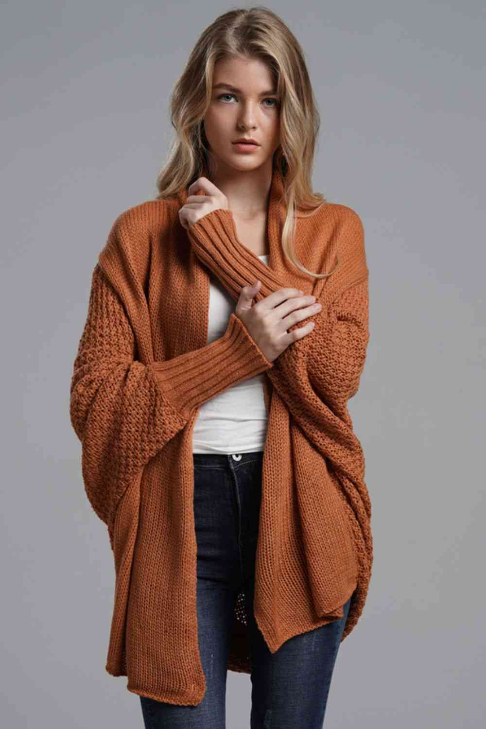 Double Take Dolman Sleeve Open Front Ribbed Trim Longline Cardigan - Mighty Lifestyle