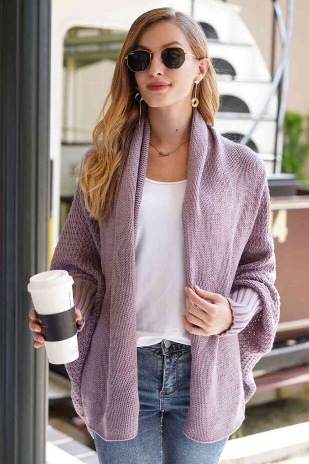 Double Take Dolman Sleeve Open Front Ribbed Trim Longline Cardigan - Mighty Lifestyle
