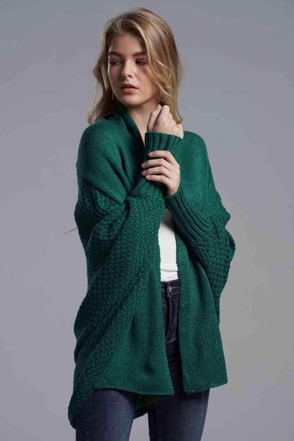 Double Take Dolman Sleeve Open Front Ribbed Trim Longline Cardigan - Mighty Lifestyle