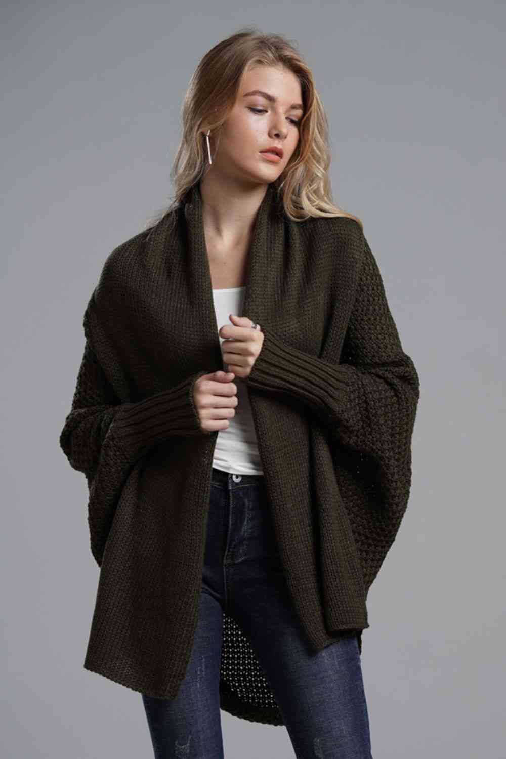 Double Take Dolman Sleeve Open Front Ribbed Trim Longline Cardigan - Mighty Lifestyle