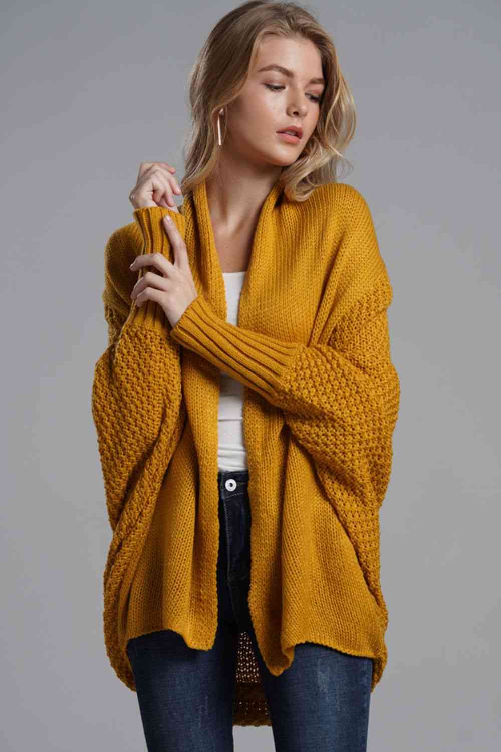 Double Take Dolman Sleeve Open Front Ribbed Trim Longline Cardigan - Mighty Lifestyle