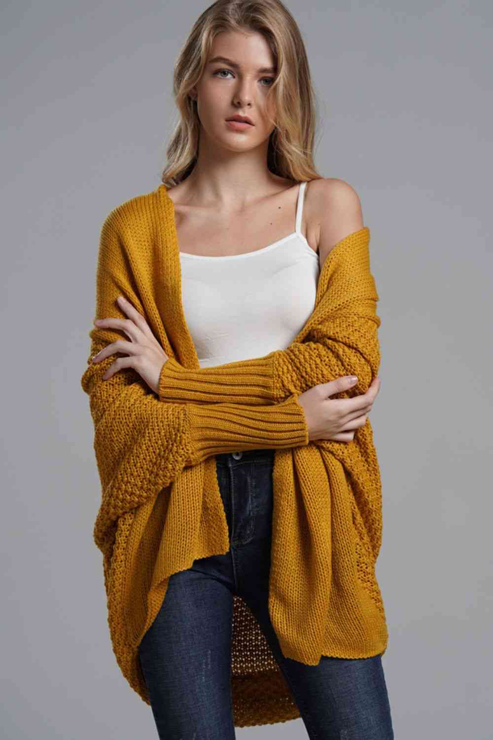 Double Take Dolman Sleeve Open Front Ribbed Trim Longline Cardigan - Mighty Lifestyle