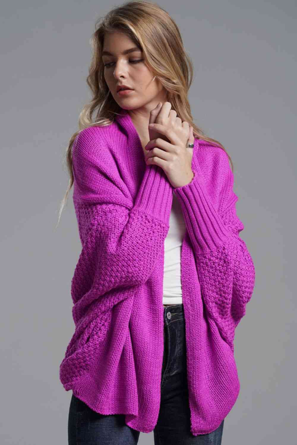 Double Take Dolman Sleeve Open Front Ribbed Trim Longline Cardigan - Mighty Lifestyle