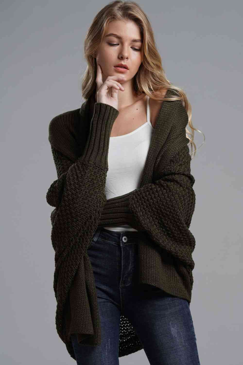 Double Take Dolman Sleeve Open Front Ribbed Trim Longline Cardigan - Mighty Lifestyle