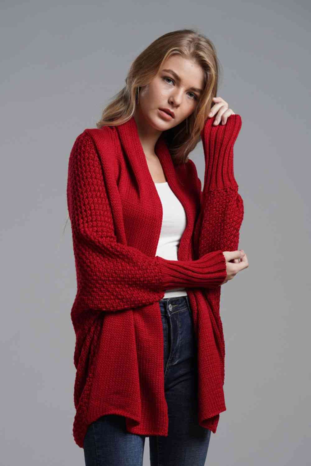 Double Take Dolman Sleeve Open Front Ribbed Trim Longline Cardigan - Mighty Lifestyle