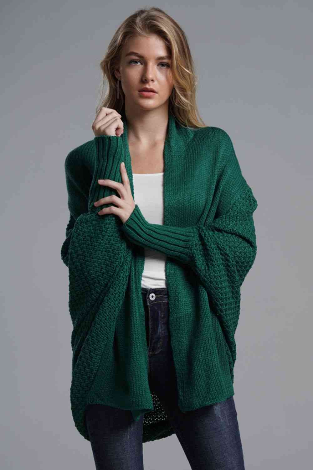 Double Take Dolman Sleeve Open Front Ribbed Trim Longline Cardigan - Mighty Lifestyle