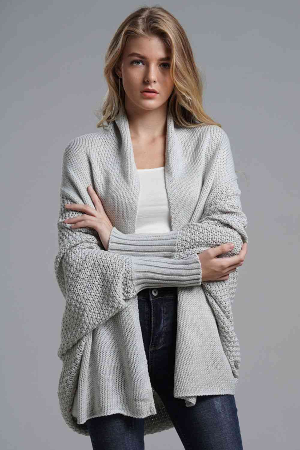 Double Take Dolman Sleeve Open Front Ribbed Trim Longline Cardigan - Mighty Lifestyle