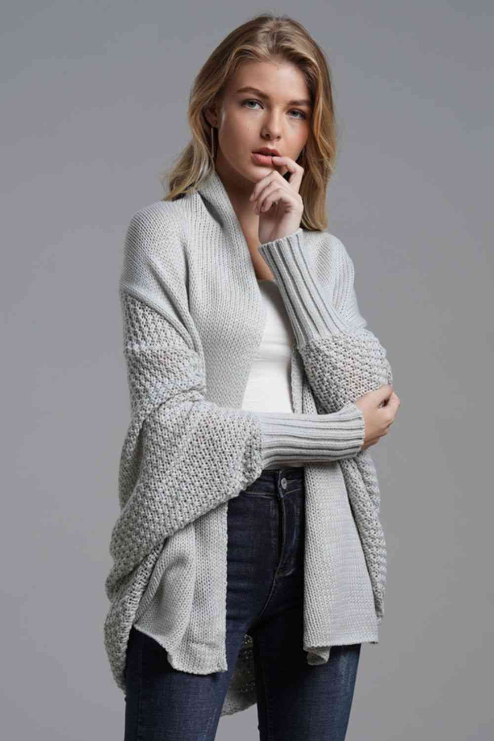 Double Take Dolman Sleeve Open Front Ribbed Trim Longline Cardigan - Mighty Lifestyle
