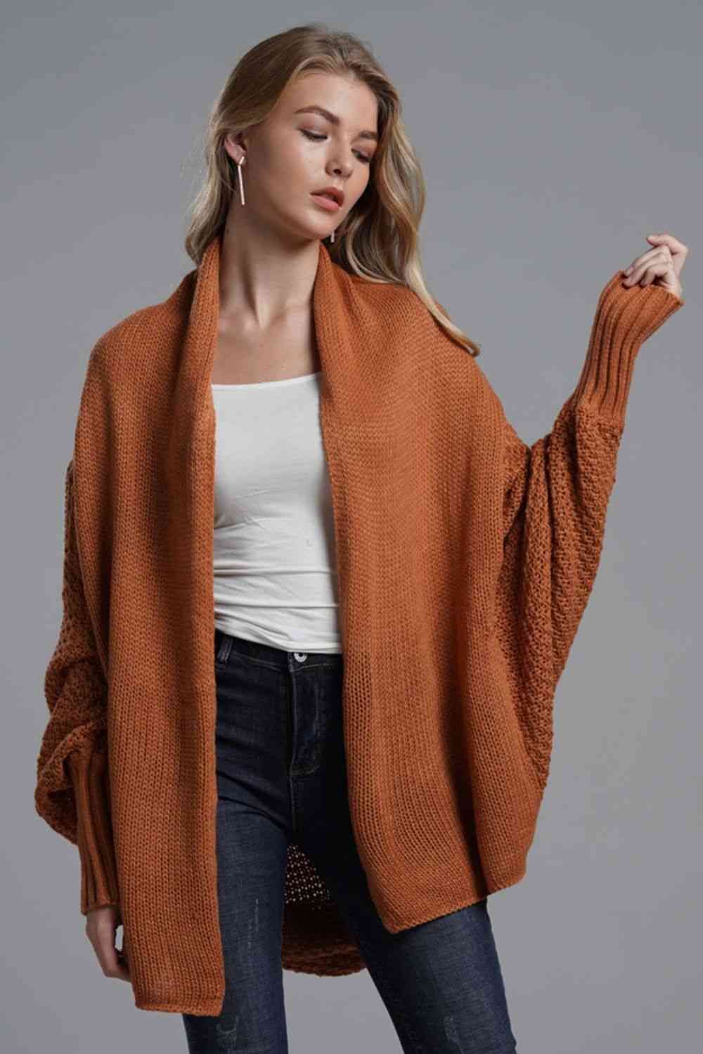 Double Take Dolman Sleeve Open Front Ribbed Trim Longline Cardigan - Mighty Lifestyle