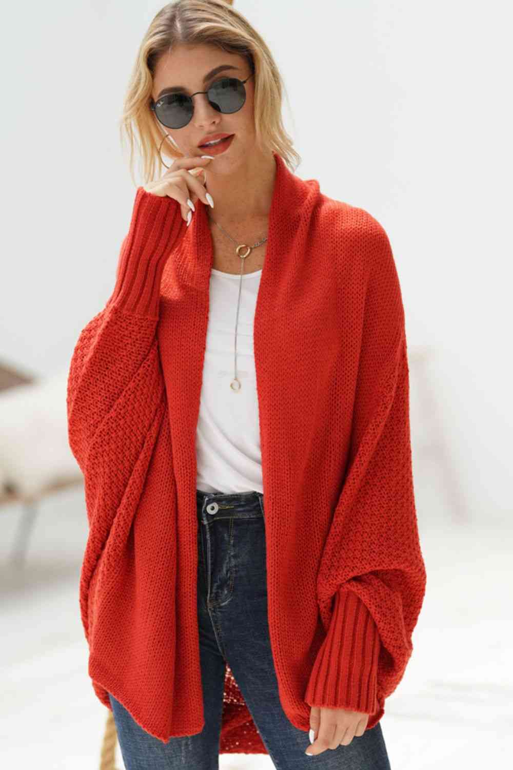 Double Take Dolman Sleeve Open Front Ribbed Trim Longline Cardigan - Mighty Lifestyle