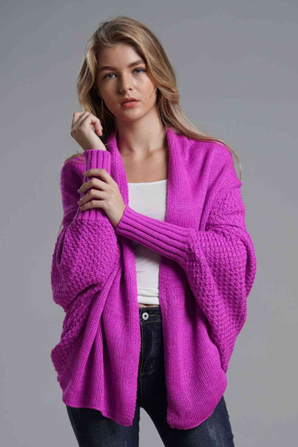 Double Take Dolman Sleeve Open Front Ribbed Trim Longline Cardigan - Mighty Lifestyle