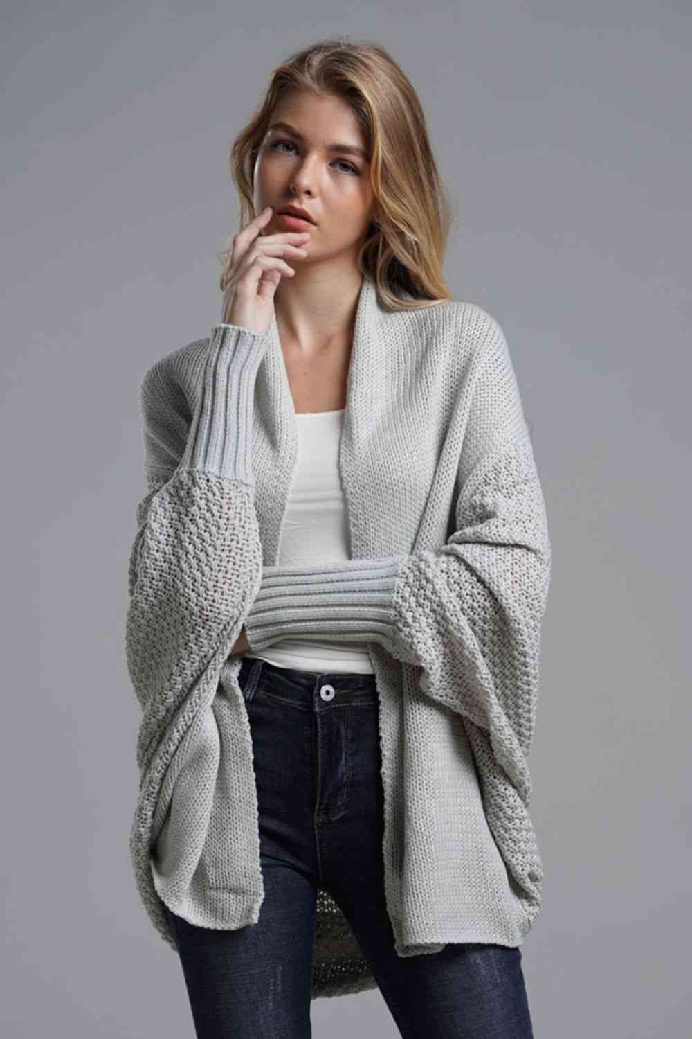 Double Take Dolman Sleeve Open Front Ribbed Trim Longline Cardigan - Mighty Lifestyle