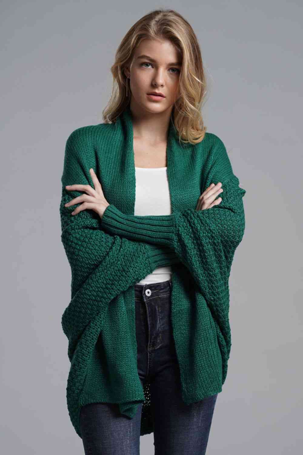 Double Take Dolman Sleeve Open Front Ribbed Trim Longline Cardigan - Mighty Lifestyle