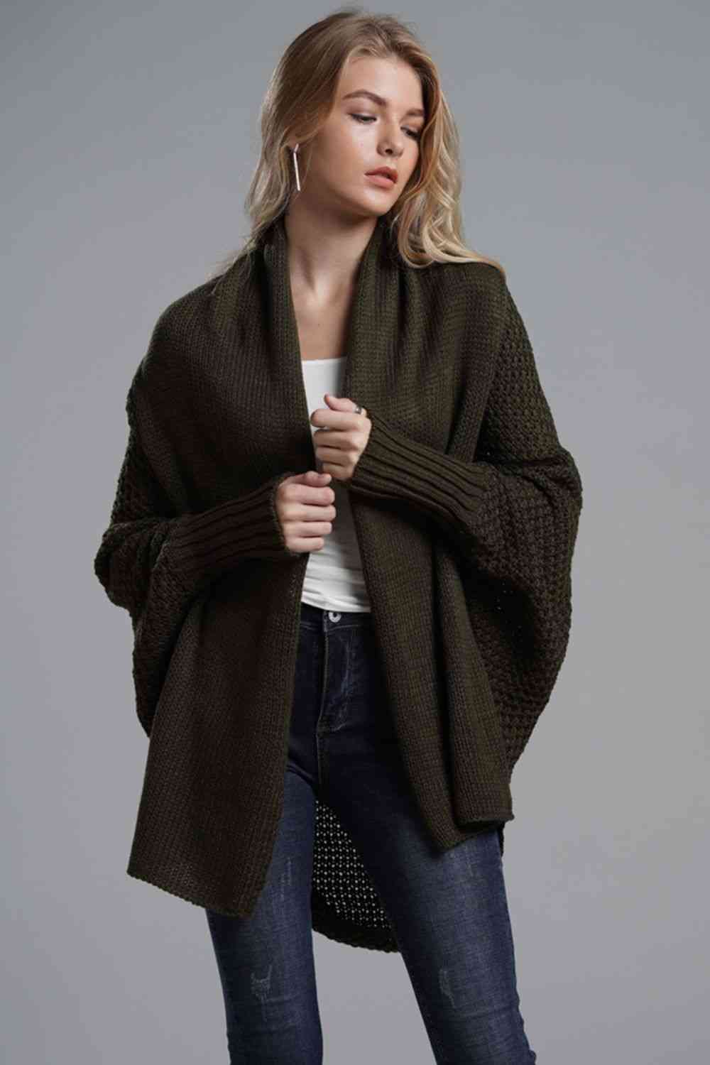 Double Take Dolman Sleeve Open Front Ribbed Trim Longline Cardigan - Mighty Lifestyle