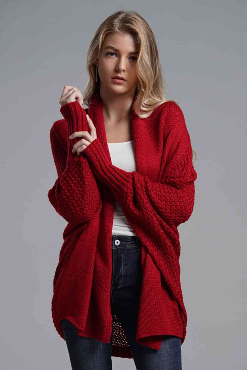 Double Take Dolman Sleeve Open Front Ribbed Trim Longline Cardigan - Mighty Lifestyle