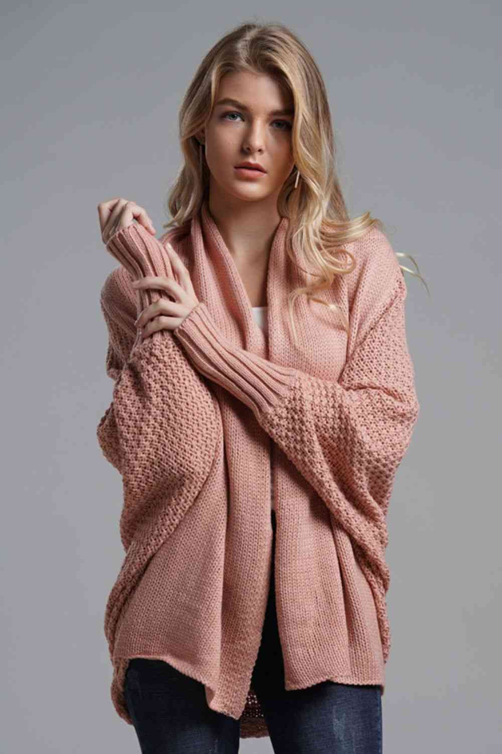Double Take Dolman Sleeve Open Front Ribbed Trim Longline Cardigan - Mighty Lifestyle