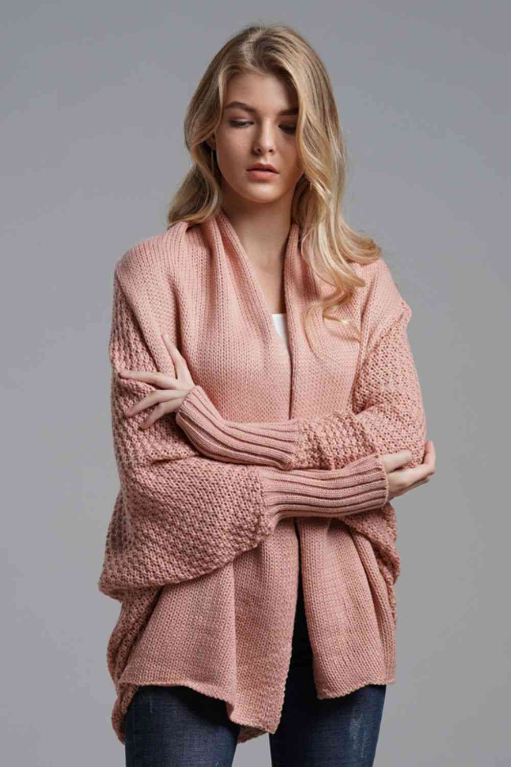Double Take Dolman Sleeve Open Front Ribbed Trim Longline Cardigan - Mighty Lifestyle