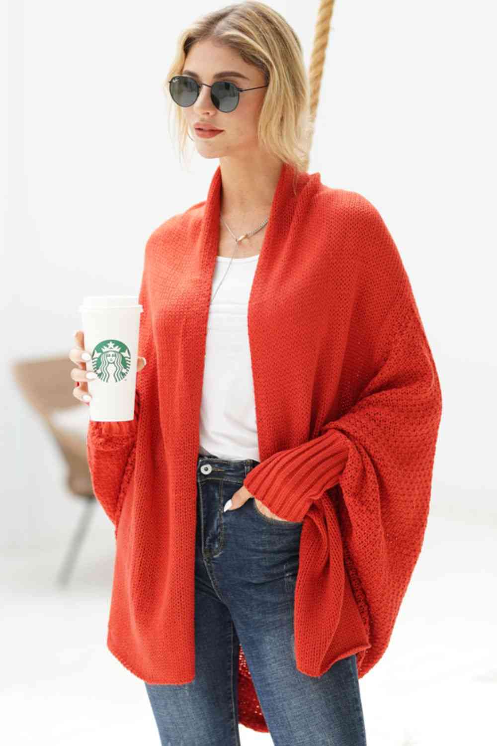 Double Take Dolman Sleeve Open Front Ribbed Trim Longline Cardigan - Mighty Lifestyle