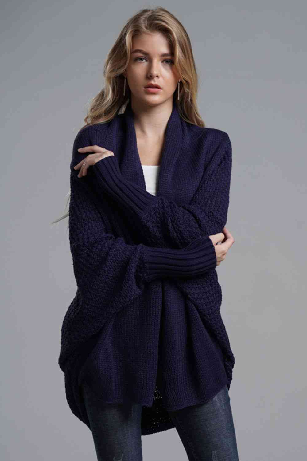 Double Take Dolman Sleeve Open Front Ribbed Trim Longline Cardigan - Mighty Lifestyle