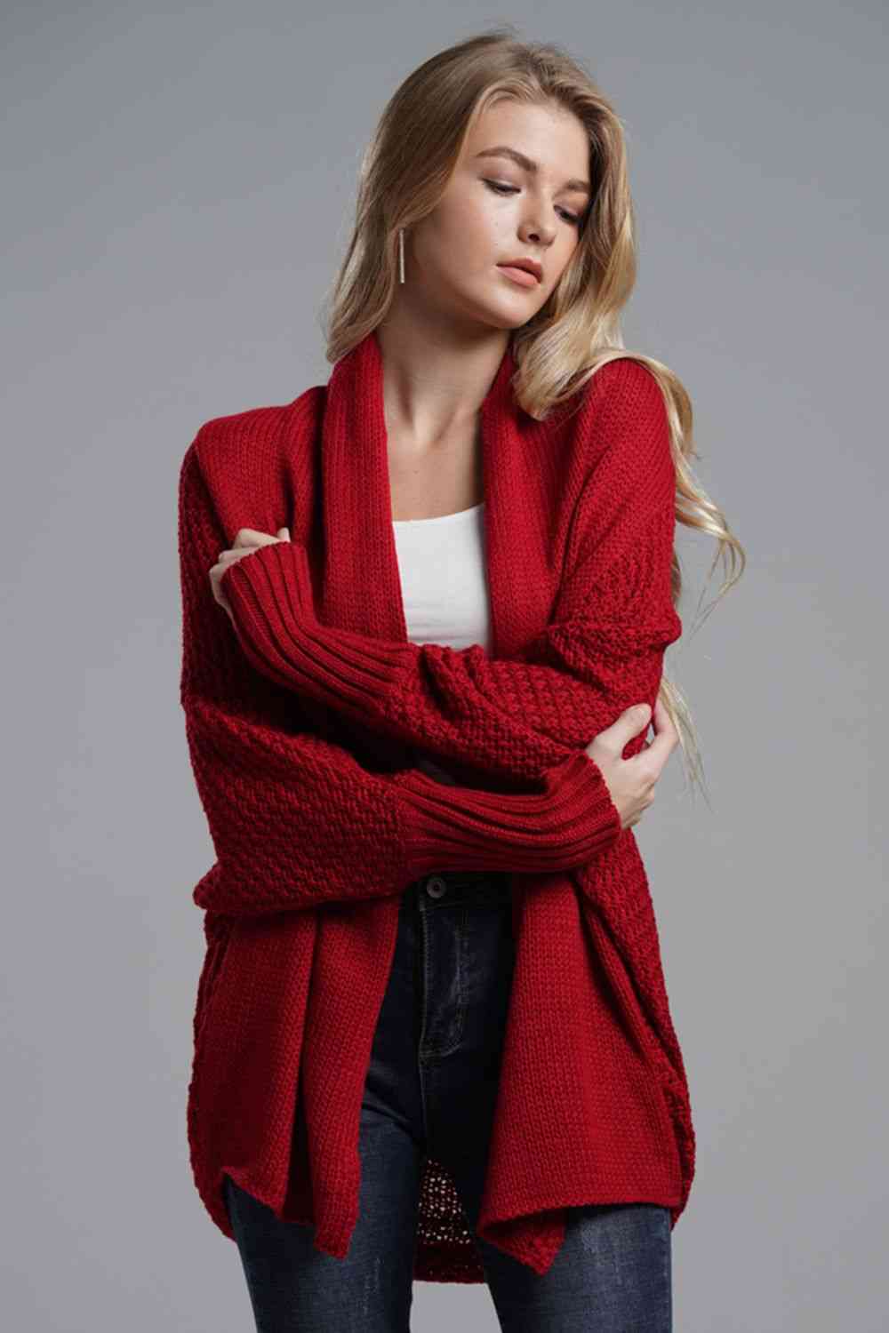 Double Take Dolman Sleeve Open Front Ribbed Trim Longline Cardigan - Mighty Lifestyle