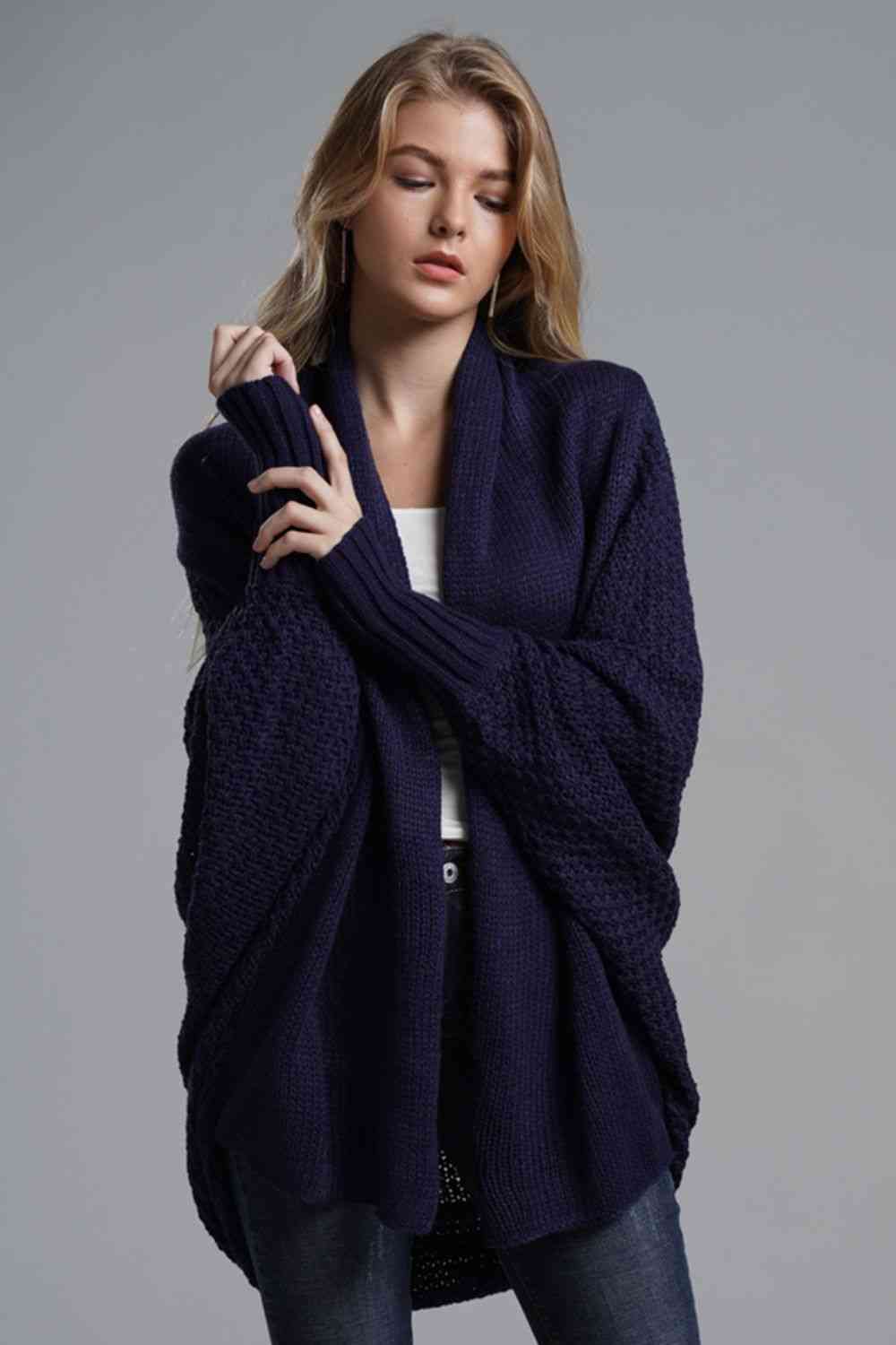 Double Take Dolman Sleeve Open Front Ribbed Trim Longline Cardigan - Mighty Lifestyle