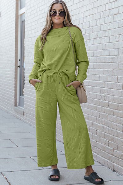 Double Take Full Size Textured Long Sleeve Top and Drawstring Pants Set - Mighty Lifestyle