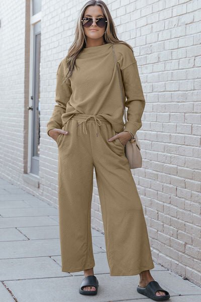 Double Take Full Size Textured Long Sleeve Top and Drawstring Pants Set - Mighty Lifestyle