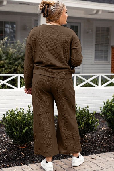 Double Take Full Size Textured Long Sleeve Top and Drawstring Pants Set - Mighty Lifestyle
