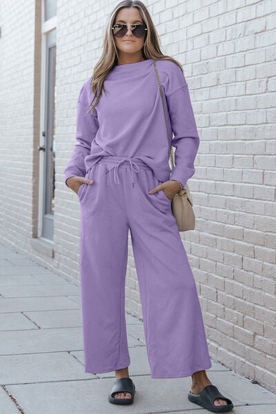 Double Take Full Size Textured Long Sleeve Top and Drawstring Pants Set - Mighty Lifestyle
