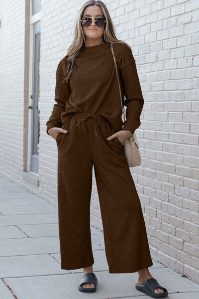 Double Take Full Size Textured Long Sleeve Top and Drawstring Pants Set - Mighty Lifestyle