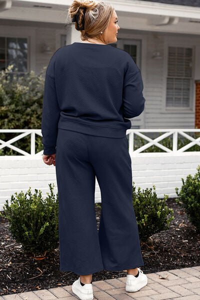 Double Take Full Size Textured Long Sleeve Top and Drawstring Pants Set - Mighty Lifestyle