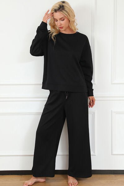 Double Take Full Size Textured Long Sleeve Top and Drawstring Pants Set - Mighty Lifestyle