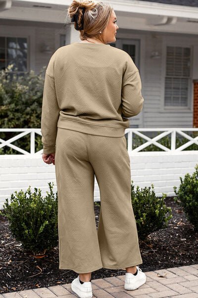Double Take Full Size Textured Long Sleeve Top and Drawstring Pants Set - Mighty Lifestyle