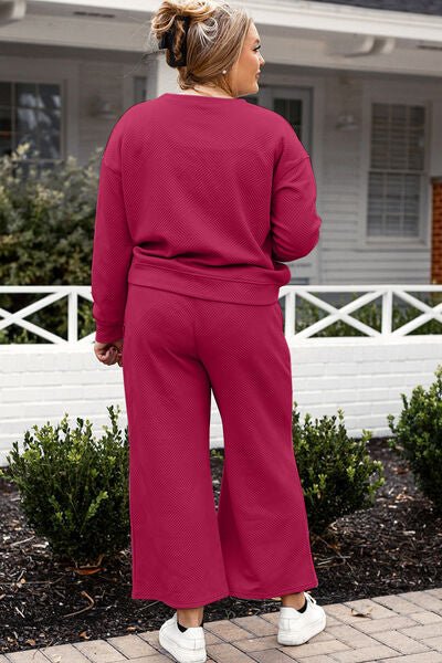 Double Take Full Size Textured Long Sleeve Top and Drawstring Pants Set - Mighty Lifestyle