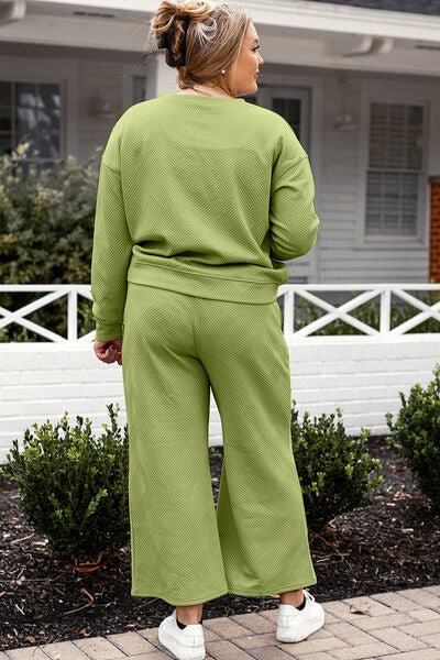 Double Take Full Size Textured Long Sleeve Top and Drawstring Pants Set - Mighty Lifestyle