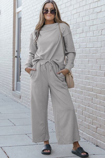 Double Take Full Size Textured Long Sleeve Top and Drawstring Pants Set - Mighty Lifestyle