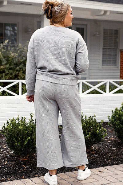 Double Take Full Size Textured Long Sleeve Top and Drawstring Pants Set - Mighty Lifestyle