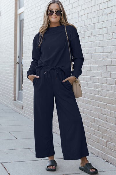 Double Take Full Size Textured Long Sleeve Top and Drawstring Pants Set - Mighty Lifestyle
