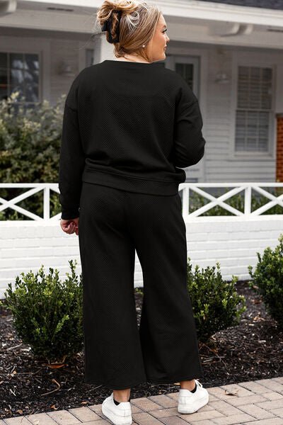 Double Take Full Size Textured Long Sleeve Top and Drawstring Pants Set - Mighty Lifestyle