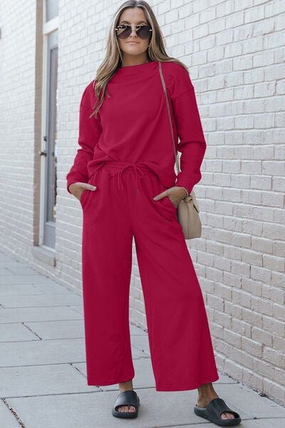 Double Take Full Size Textured Long Sleeve Top and Drawstring Pants Set - Mighty Lifestyle