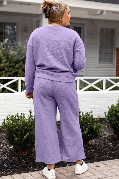 Double Take Full Size Textured Long Sleeve Top and Drawstring Pants Set - Mighty Lifestyle